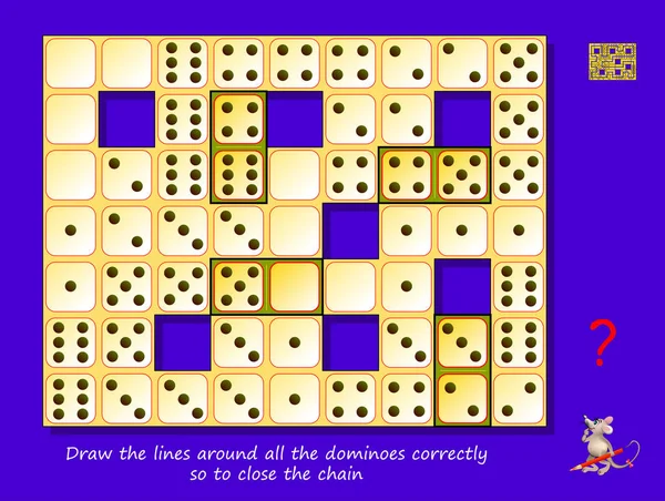 儿童和成人的逻辑谜题迷宫游戏 正确地将所有多米诺骨牌周围的线条画好 以关闭链子 为孩子们打印的智力测验书 发展空间思维技能 — 图库矢量图片