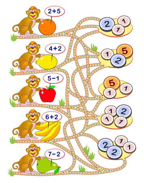 Educación Matemática Para Niños Resolver Ejemplos Contar Precio Cada Fruta — Vector de stock