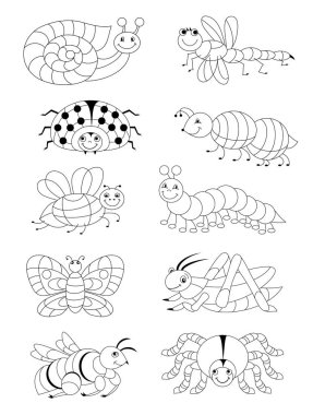 Bebek boyama kitabı için siyah beyaz sayfa. Farklı şirin böcekler. Çocuklar için basılabilir şablon. Çocuklar ve yetişkinler için çalışma tablosu. El çizimi vektör resmi.