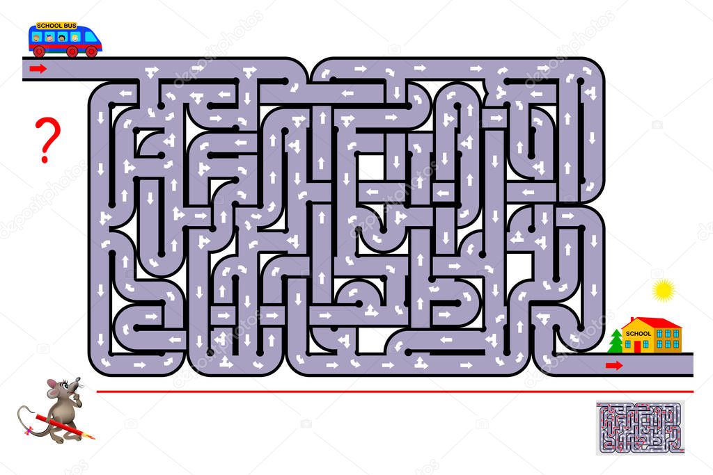 Logic puzzle game with labyrinth. Help the school bus bring the children to school. Find the way and draw the line. Printable worksheet for kids brain teaser book. IQ test. Vector cartoon image.