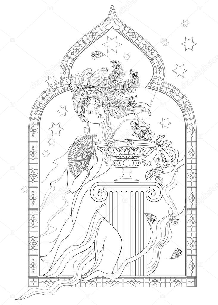 Fantasy drawing of beautiful girl from eastern fairy tale. Black and white page for coloring book. Poster for fashion and beauty. Modern print, embroidery, decoration. Hand-drawn vector image.