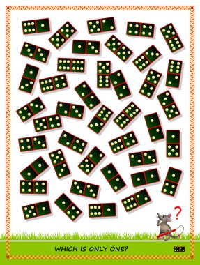Çocuklar ve yetişkinler için mantıksal bulmaca oyunu. Domino taşını bulmamız gerek ki o da sadece bir tane. Çocuk beyinli muziplik kitabı için basılabilir sayfa. Uzaysal düşünme becerileri geliştiriyorum. IQ eğitim testi. Vektör resmi.