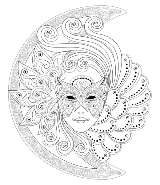 Фантастический Рисунок Лица Девушки Красивой Венецианской Карнавальной Маске Черно Белая — стоковый вектор