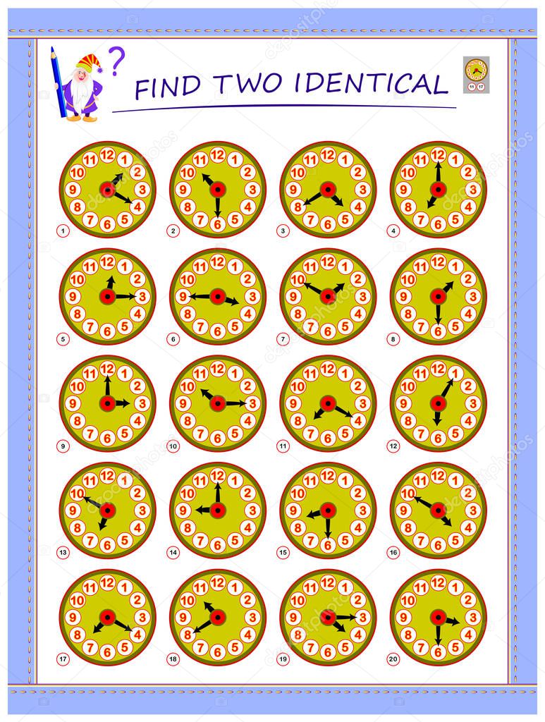Logic puzzle game for children and adults. Find two identical clocks. Printable page for kids brain teaser book. Developing spatial thinking skills. IQ training test. Flat vector cartoon image.