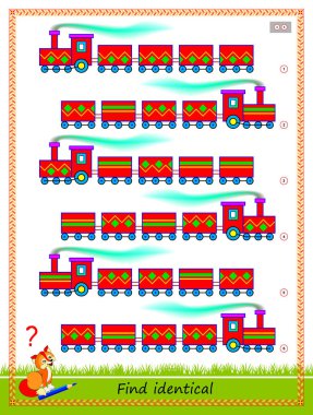 Çocuklar ve yetişkinler için mantıksal bulmaca oyunu. Birbirinin aynı iki tren bul. Çocuk beyinli muziplik kitabı için basılabilir sayfa. Uzaysal düşünme becerileri geliştiriyorum. IQ eğitim testi. Düz vektör çizgi film resmi.