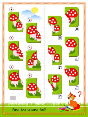 Çocuklar ve yetişkinler için mantıksal bulmaca oyunu. Her resmin ikinci yarısını bulmalıyız. Çocuklar için eğitim sayfası. IQ eğitim testi. Uzaysal düşünme becerileri geliştiriyorum. Düz vektör çizgi film resmi.