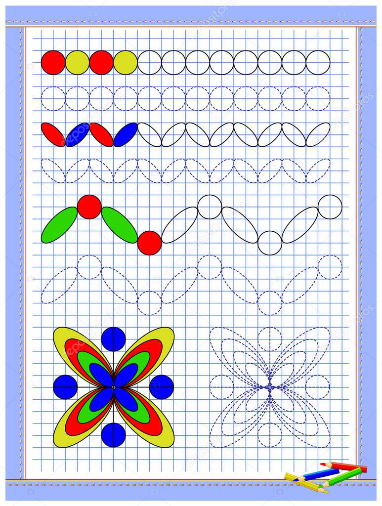 Educational page for kids. Printable worksheet on square paper for children. Learn to draw geometrical figures. Developing coloring and tracing skills. School math textbook. Baby coloring book.