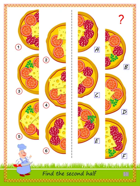 儿童和成年人的逻辑拼图游戏 需要找到每个披萨的后半部 儿童教育网页 Iq培训测试 发展空间思维能力 平面矢量卡通图像 — 图库矢量图片