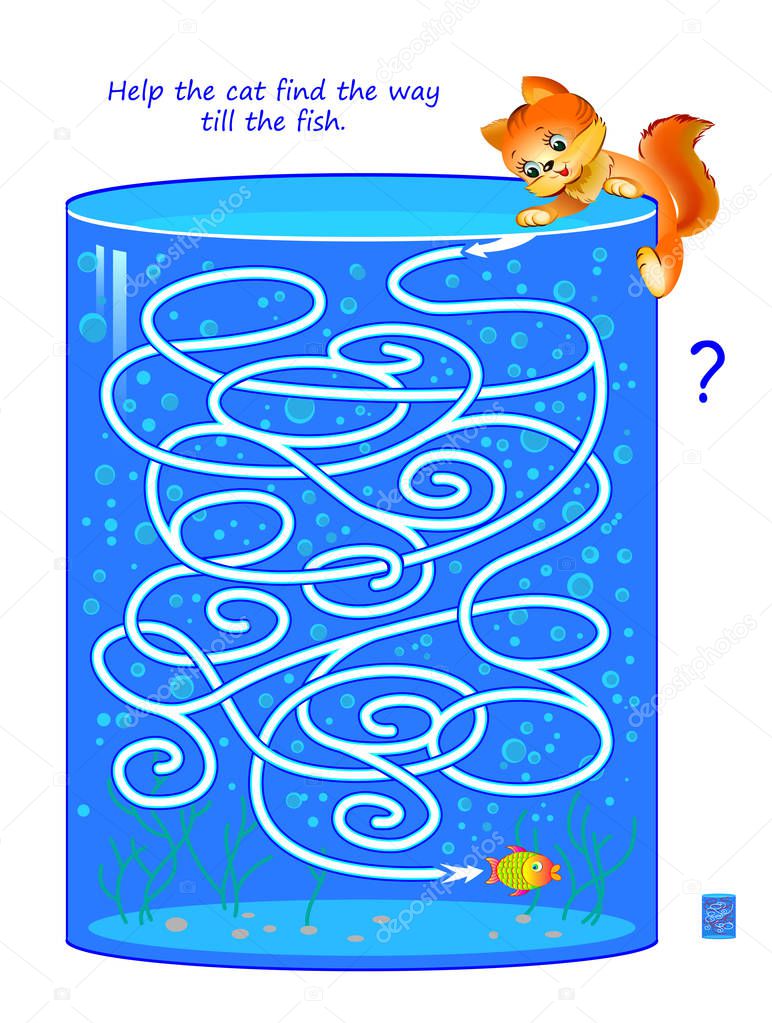 Logic puzzle game with labyrinth for children and adults. Help the cat find the way till the fish. Printable worksheet for kids brain teaser book. IQ training test. Flat vector cartoon image.