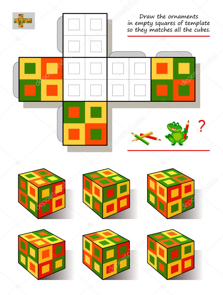 logic puzzle game for children and adults draw the ornaments in empty squares of template so they matches all the cubes printable page for brain teaser book developing spatial thinking skills