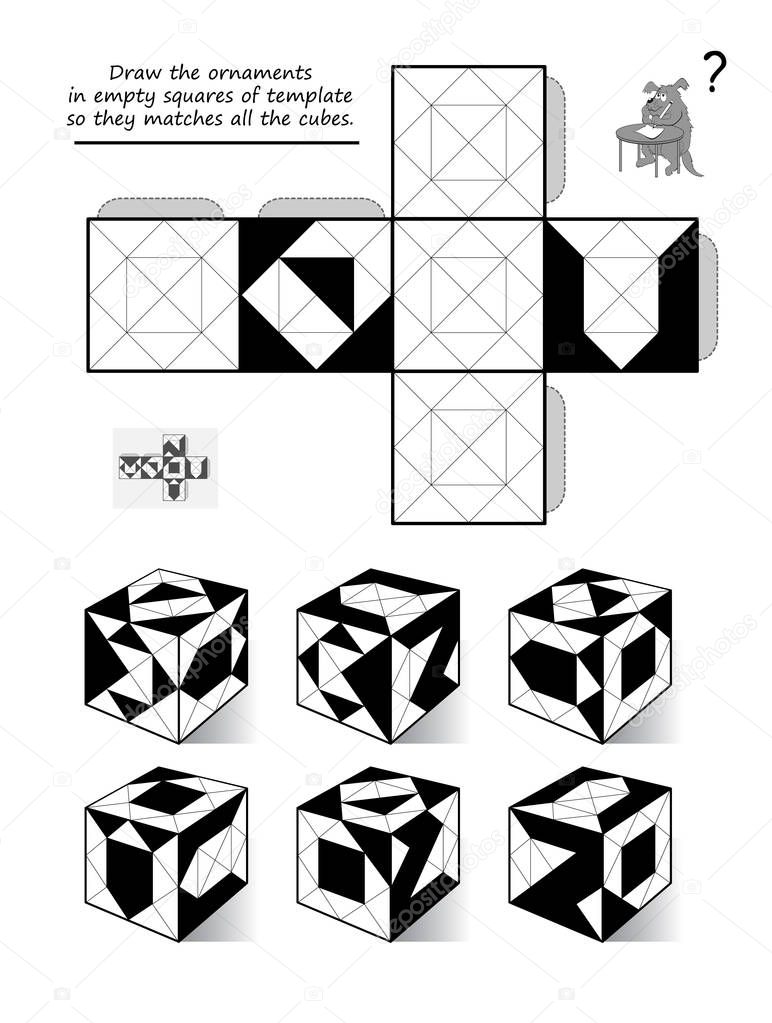 Logic puzzle game for children and adults. Draw the ornaments in empty squares of template so they matches all the cubes. Printable page for brain teaser book. Developing spatial thinking skills.