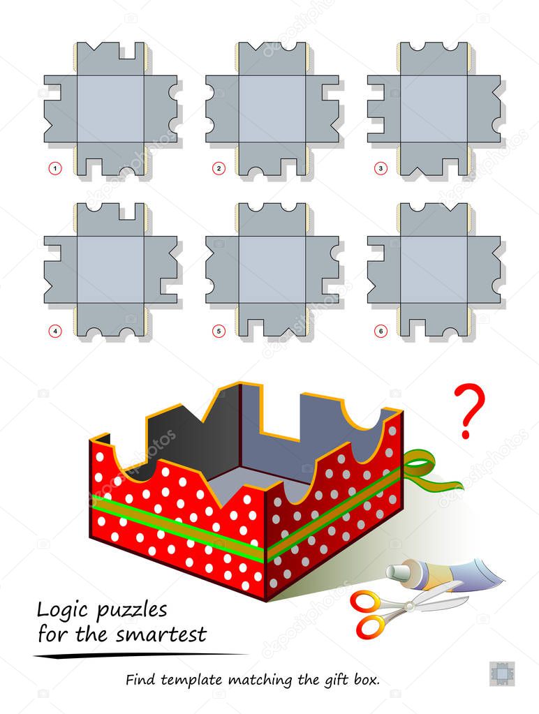 Logic puzzle game for smartest. Find template matching the gift box. Printable page for kids brain teaser book. Developing children and adults spatial thinking skills. IQ training test. Vector image.