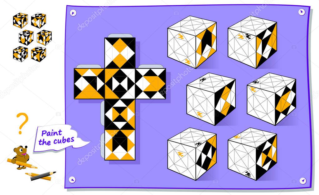 Logic puzzle game for children and adults. Paint the cubes so they matches the template. Printable page for kids brain teaser book. Developing spatial thinking skills. IQ test. Flat vector image.