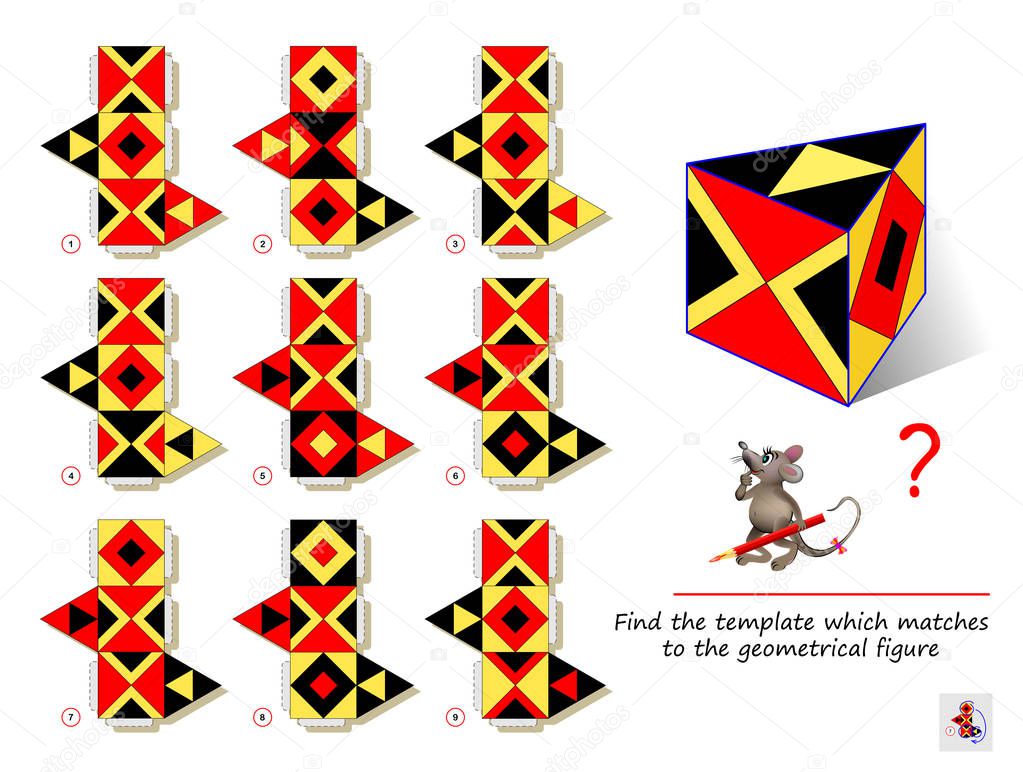 Logic puzzle game for smartest. Find the template which matches to the geometrical figure. Printable page for brain teaser book. Developing spatial thinking. IQ training test. Flat vector image.