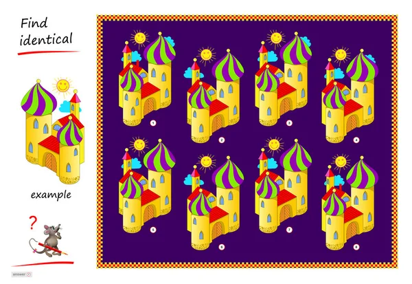儿童和成年人的逻辑拼图游戏 发现城堡的倒影与这个例子完全相同 为孩子们打印的智力测验书 发展空间思维能力 Iq测试 矢量卡通图片 — 图库矢量图片
