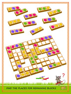 Çocuklar ve yetişkinler için mantıksal bulmaca oyunu. Kalan bloklar için yer bulmalı ve domino kurallarına uygun beyaz kareleri renklendirmeliyiz. Çocuk beyinli muziplik kitabı için basılabilir sayfa. IQ eğitim testi.