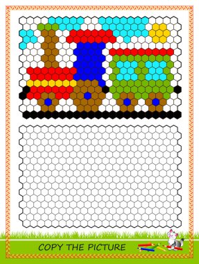 Educational page for kids. Copy the picture. Printable worksheet for children school textbook. Draw and paint the fish by example. Developing coloring and counting skills. Baby coloring book. IQ test