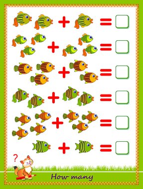 Ek olarak küçük çocuklar için eğitim sayfası. Örnekler çöz, balık sayısını say ve sayıları yaz. Çocukların matematik okulu ders kitabı için basılabilir çalışma kâğıdı. Düz vektör çizgi film resmi.