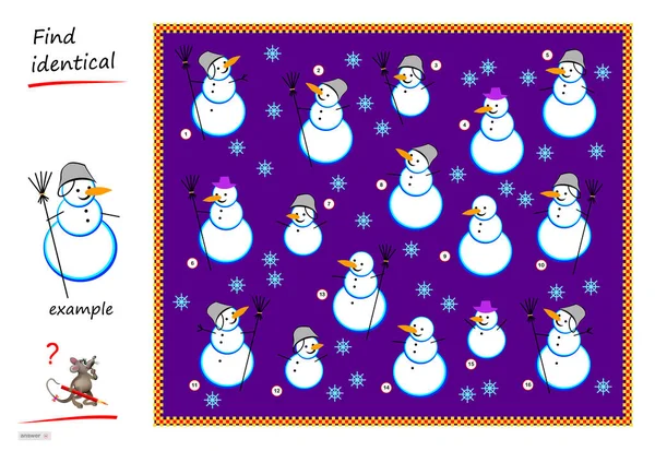 子供と大人のためのロジックパズルゲーム 雪だるまの反射を見つけるのと同じ例 子供の脳の先生の本のための印刷可能なページ Iqトレーニングテスト フラットベクトル漫画画像 — ストックベクタ