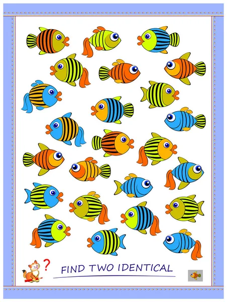Logic Puzzle Game Children Adults Find Two Identical Fishes Printable — Stock Vector