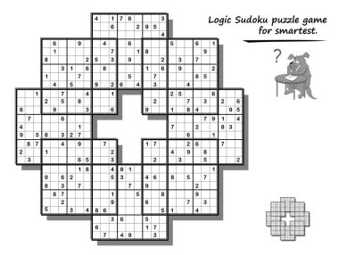Logic Sudoku game for children and adults. Big size puzzle with 8 squares, difficult level. Printable page for brain teaser book. Developing counting skills. IQ test. Black and white vector image. clipart
