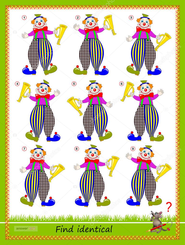 Logic puzzle game for children and adults. Find two identical clowns. Printable page for kids brain teaser book. Developing spatial thinking skills. IQ training test. Flat vector cartoon image.