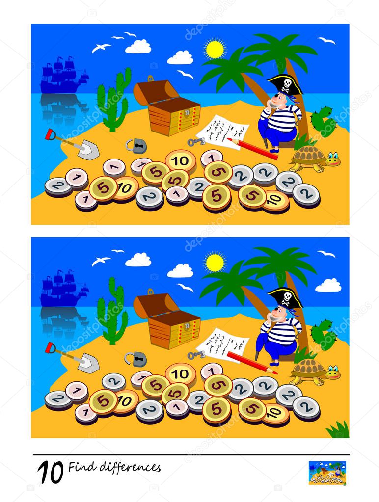 Find 10 differences. Logic puzzle game for children and adults. Printable page for kids brain teaser book. Illustration of pirate on treasure island. Developing counting skills. IQ training test.