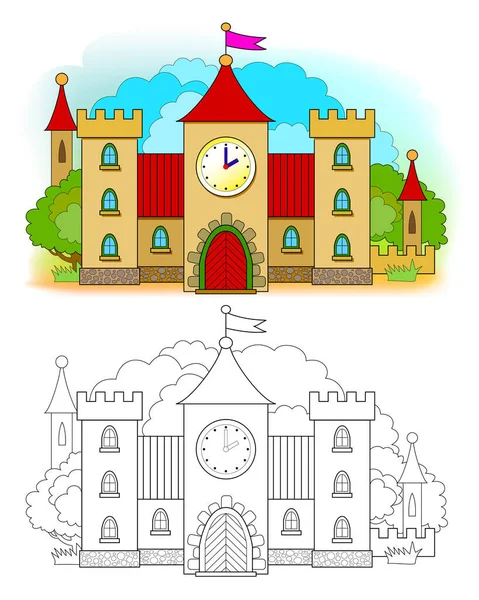 Modèle Coloré Noir Blanc Pour Coloration Illustration Château Médiéval Éducation — Image vectorielle