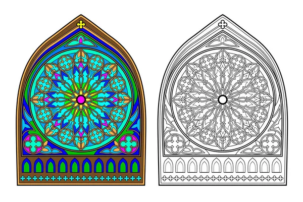 Színes Fekete Fehér Kép Gótikus Ólomüveg Ablak Gyönyörű Rózsa Közepén — Stock Vector