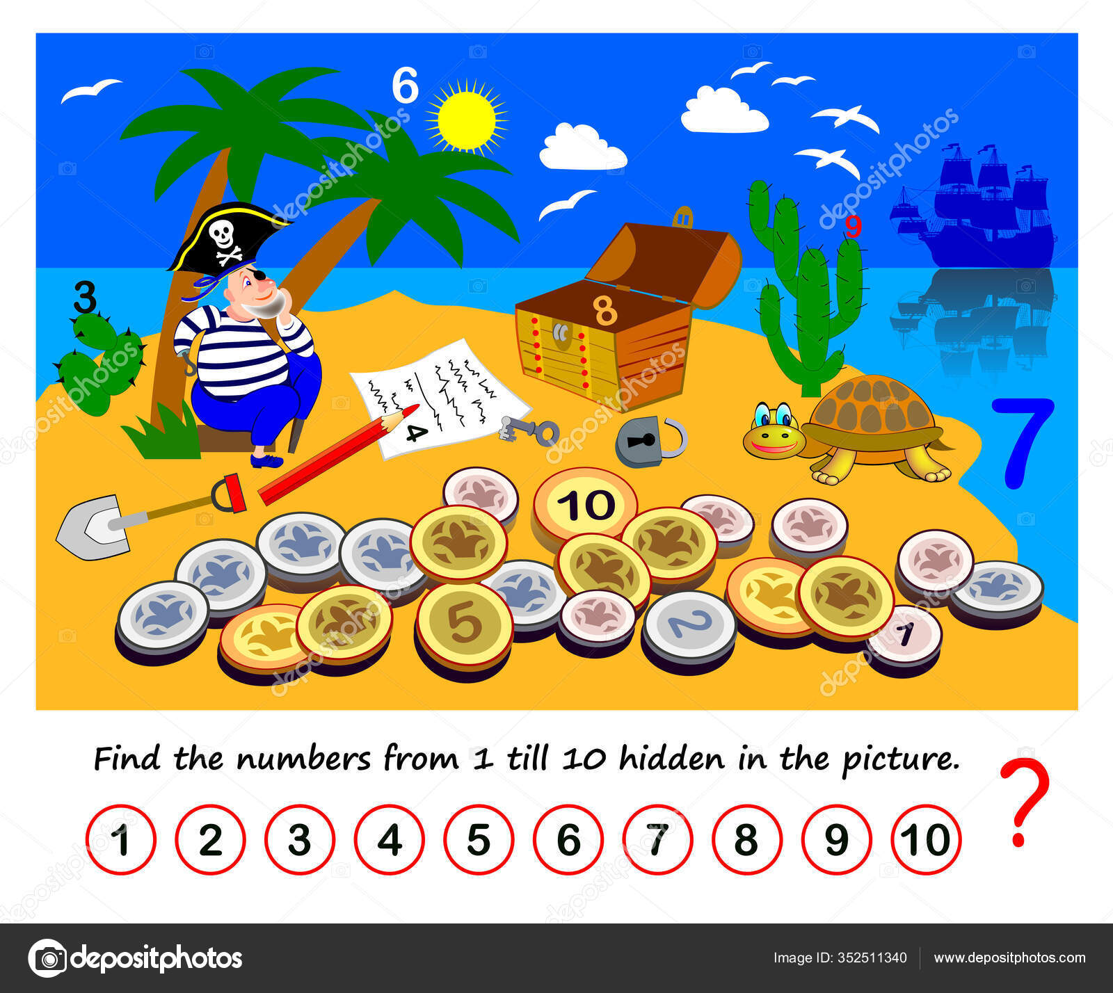 Logic Puzzle Game for Children and Adults. Find the Numbers from 1