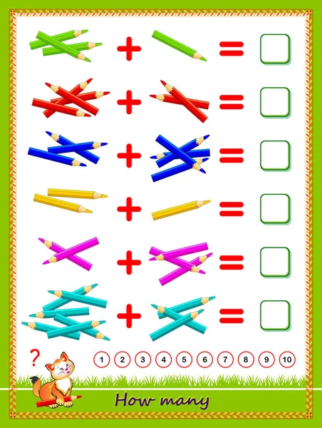 还有幼儿教育网页 解决的例子 计数铅笔的数量 并写下数字 儿童数学教科书的可打印工作表 平面矢量卡通图像 — 图库矢量图片
