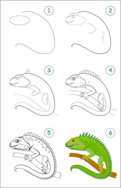 How to draw step by step cute green iguana. Educational page for kids. Back to school. Developing children skills for drawing and coloring. Printable worksheet for baby book. Vector cartoon image. clipart