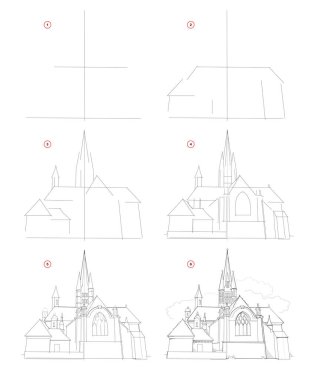 How to draw step by step sketch of imaginary medieval architectural building. Creation pencil drawing. Educational page for artists. Textbook for artistic skills. Hand-drawn vector by graphic tablet.