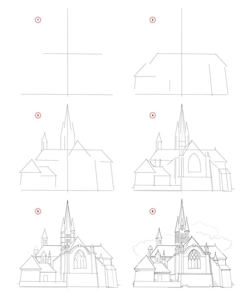 How Draw Step Step Sketch Imaginary Medieval Architectural Building Creation — Stock Vector