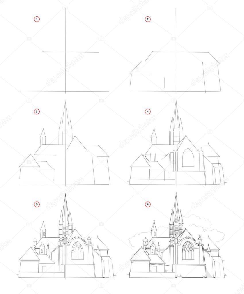 How to draw step by step sketch of imaginary medieval architectural building. Creation pencil drawing. Educational page for artists. Textbook for artistic skills. Hand-drawn vector by graphic tablet.
