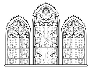 Boyama kitabı için siyah beyaz çizim. Fransız kiliselerinde güzel bir ortaçağ vitray penceresi. Batı Avrupa 'da gotik mimari tarzı. Çocuklar için çalışma çizelgesi. Fantezi vektör resmi.