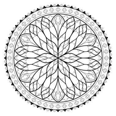 Black and white page for coloring book. Fantasy drawing of beautiful Gothic rose window with stained glass. Medieval architecture in western Europe. Worksheet for children and adults. Vector image. clipart