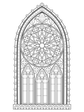 Güllü güzel Gotik vitray pencere. Batı Avrupa 'da ortaçağ mimarisi. Boyama kitabı için siyah beyaz fantezi çizimi. Çocuklar ve yetişkinler için çalışma tablosu. Vektör resmi.