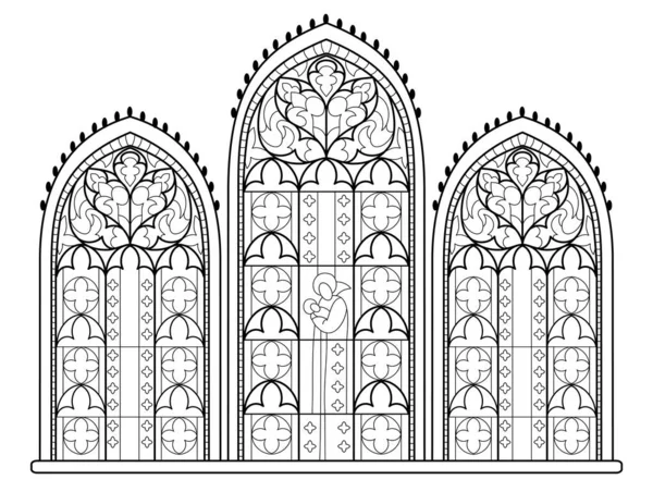 彩色书籍的黑白图纸 法国教堂漂亮的中世纪彩色玻璃窗户 西欧哥特式建筑风格 儿童工作表 幻想矢量图像 — 图库矢量图片