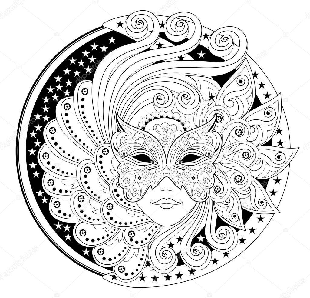Medallion with portrait of fairy in carnival mask. Fantasy drawing of beautiful girl. Black and white page for coloring book. Modern print for fashion, embroidery, decoration. Hand-drawn vector image.