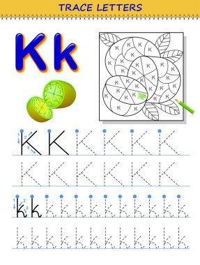 Alfabe için K harfinin izini sürüyorum. Çocuklar için basılabilir çalışma kâğıdı. Boyama kitabı için eğitim sayfası. ABC 'nin izini sürmek ve yazmak için çocuk becerileri geliştirmek. Okul kitabı için vektör karikatür resmi.