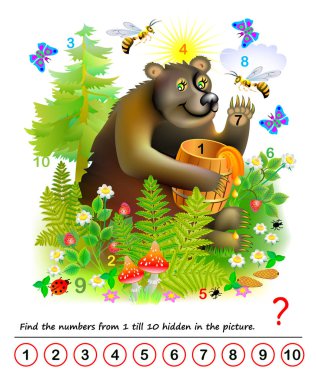 Mantık bulmacası oyunu. Küçük çocuklar için matematik eğitimi. Resimde 1 'den 10' a kadar olan sayıları bul. Sayma becerileri geliştiriyorum. IQ testi. Çocuk kitabı için basılabilir çalışma kağıdı. Okula geri dön..