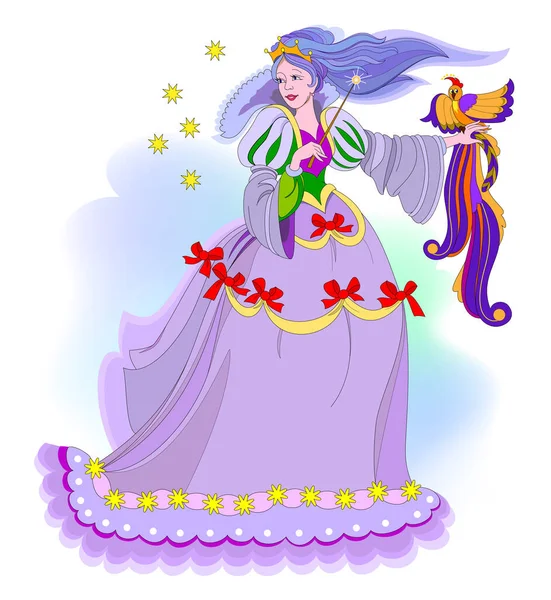 用魔杖和火鸟描绘仙境公主 童话故事的书皮 漂亮的女孩 为狂欢节或美容时尚派对印刷 矢量卡通图片 — 图库矢量图片