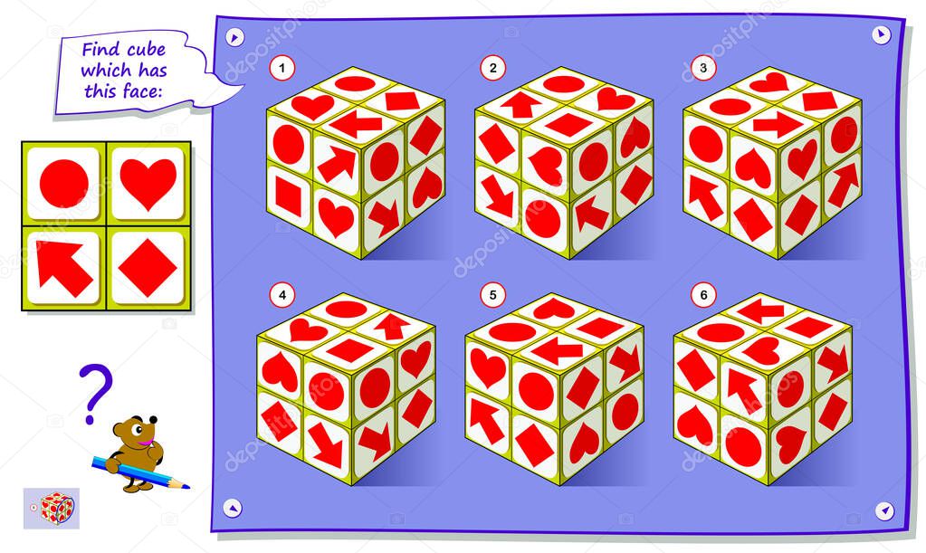 Logic puzzle game for children and adults. Find a cube which has an identical face. Printable page for kids brain teaser book. Developing spatial thinking skills. IQ training test. Flat vector image.