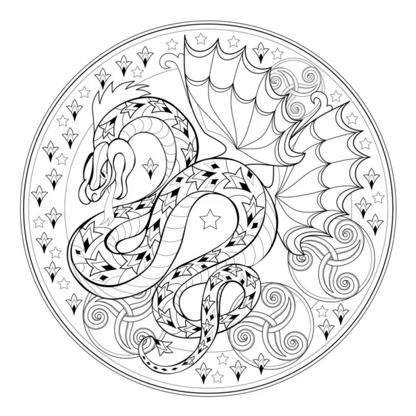 Medaljong Med Fantastisk Keltisk Drake Svart Och Vit Sida För — Stock vektor