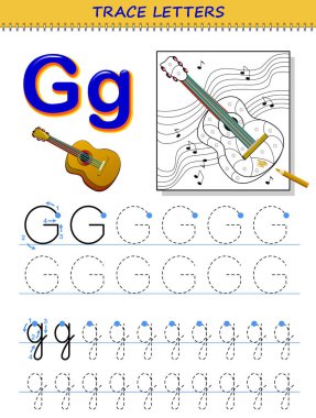 Alfabe için G harfinin izini sürüyorum. Çocuklar için basılabilir çalışma kâğıdı. Boyama kitabı için eğitim sayfası. ABC 'nin izini sürmek ve yazmak için çocuk becerileri geliştirmek. Okul kitabı için vektör karikatür resmi.