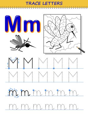 Alfabe için M harfinin izini sürüyorum. Çocuklar için basılabilir çalışma kâğıdı. Boyama kitabı için eğitim sayfası. ABC 'nin izini sürmek ve yazmak için çocuk becerileri geliştirmek. Okul kitabı için vektör karikatür resmi.