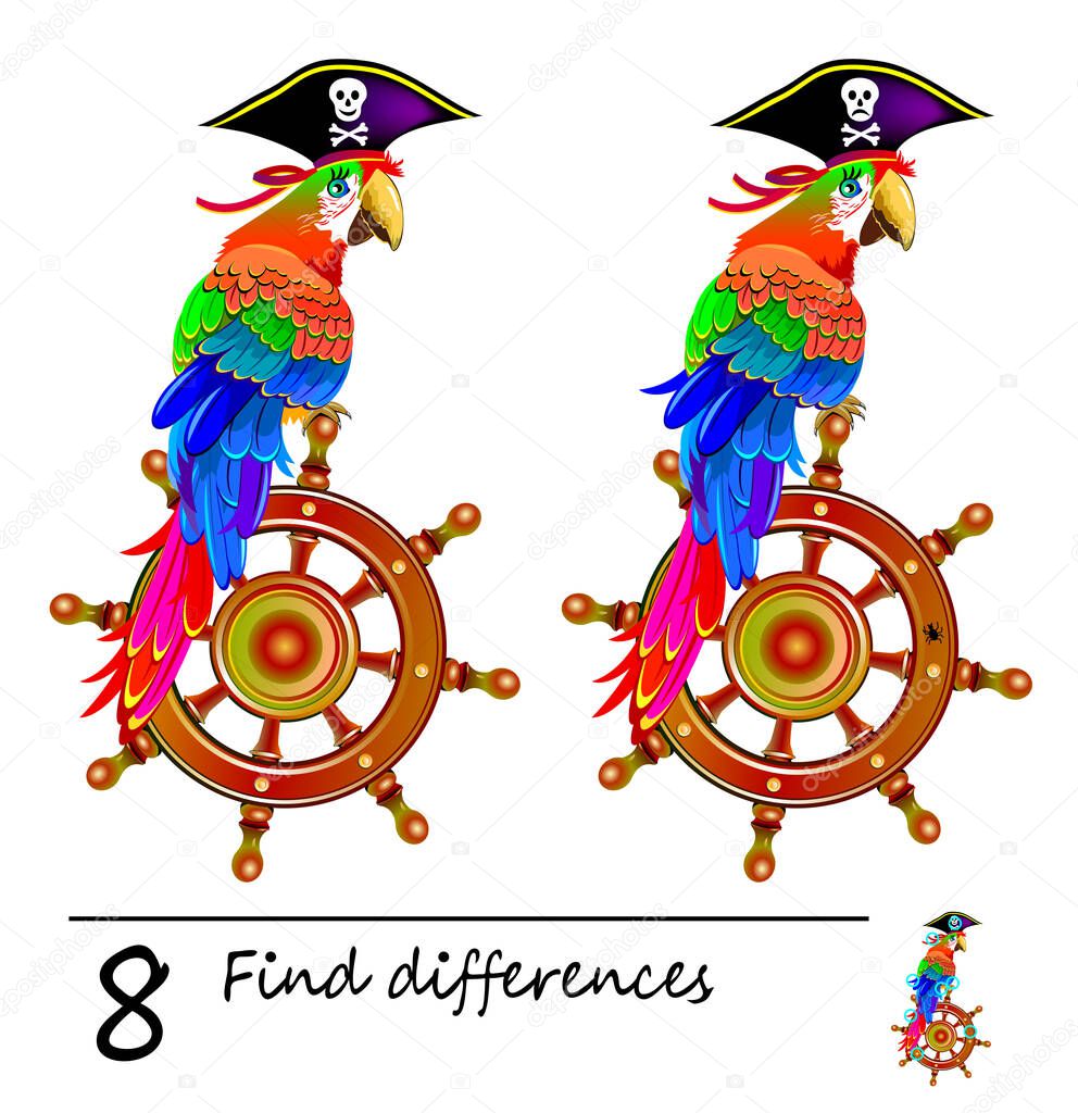 Find 8 differences. Logic puzzle game for children and adults. Printable page for kids brain teaser book. Illustration of cute pirate parrot on steering wheel. Developing counting skills. IQ test.