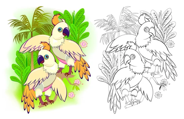 幻想的图片一对浪漫的鹦鹉鹦鹉 彩色的黑白相间的书页 热带鸟类 儿童课本的可打印工作表 平面矢量卡通图像 — 图库矢量图片
