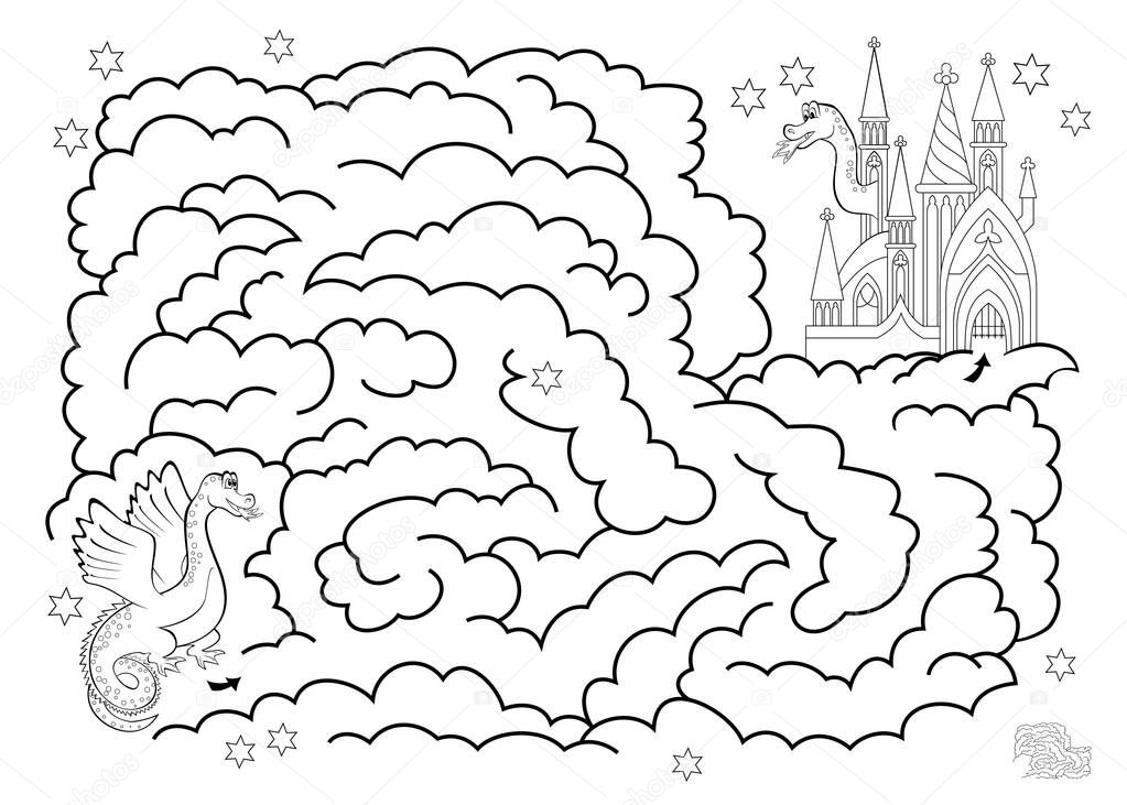 Logic puzzle game with labyrinth for children and adults. Help the dragon find the way between the clouds to the tower. Printable worksheet for kids brain teaser book. Black and white vector image.